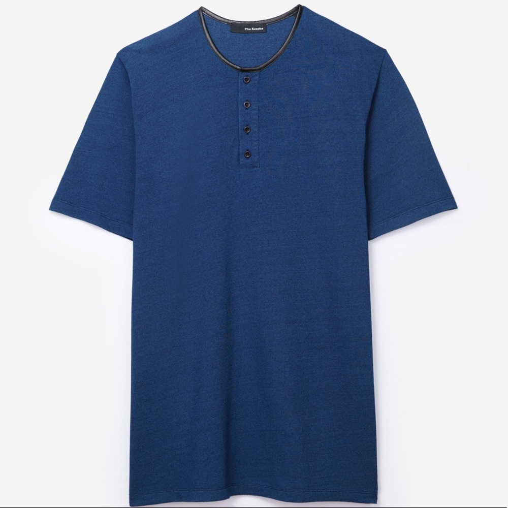 INDIGO BLUE COTTON T-SHIRT WITH TUNISIAN COLLAR